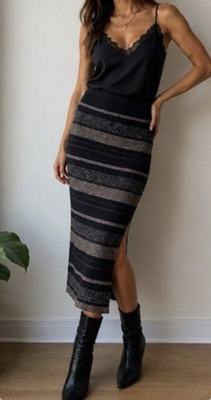 NEW House Harlow 1960 Metallic Striped Bodycon Skirt L Black Silver Sexy Stretch